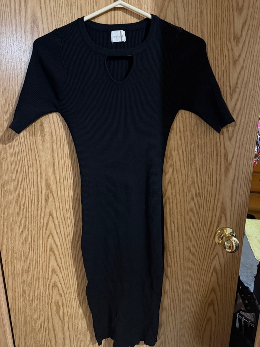 Dreamers Black Ribbed Midi Dress with Front Keyhole